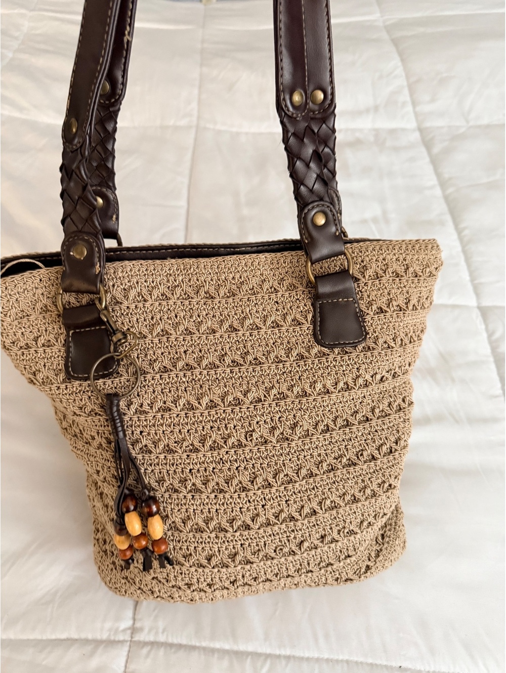 Handmade Beige Crochet Tote Bag with Brown Leather Handles